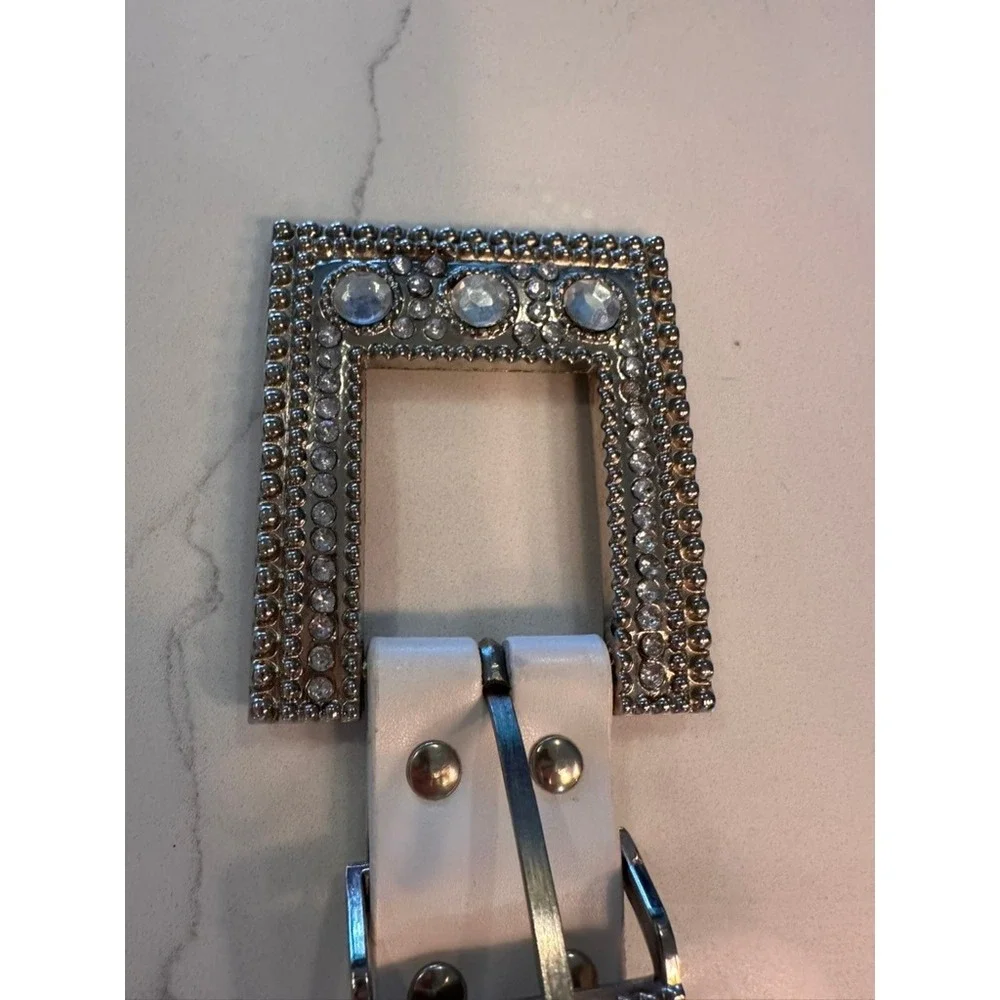White Genuine Leather Rhinestone Crystal Buckle Belt‎ BL76123 Size M/L